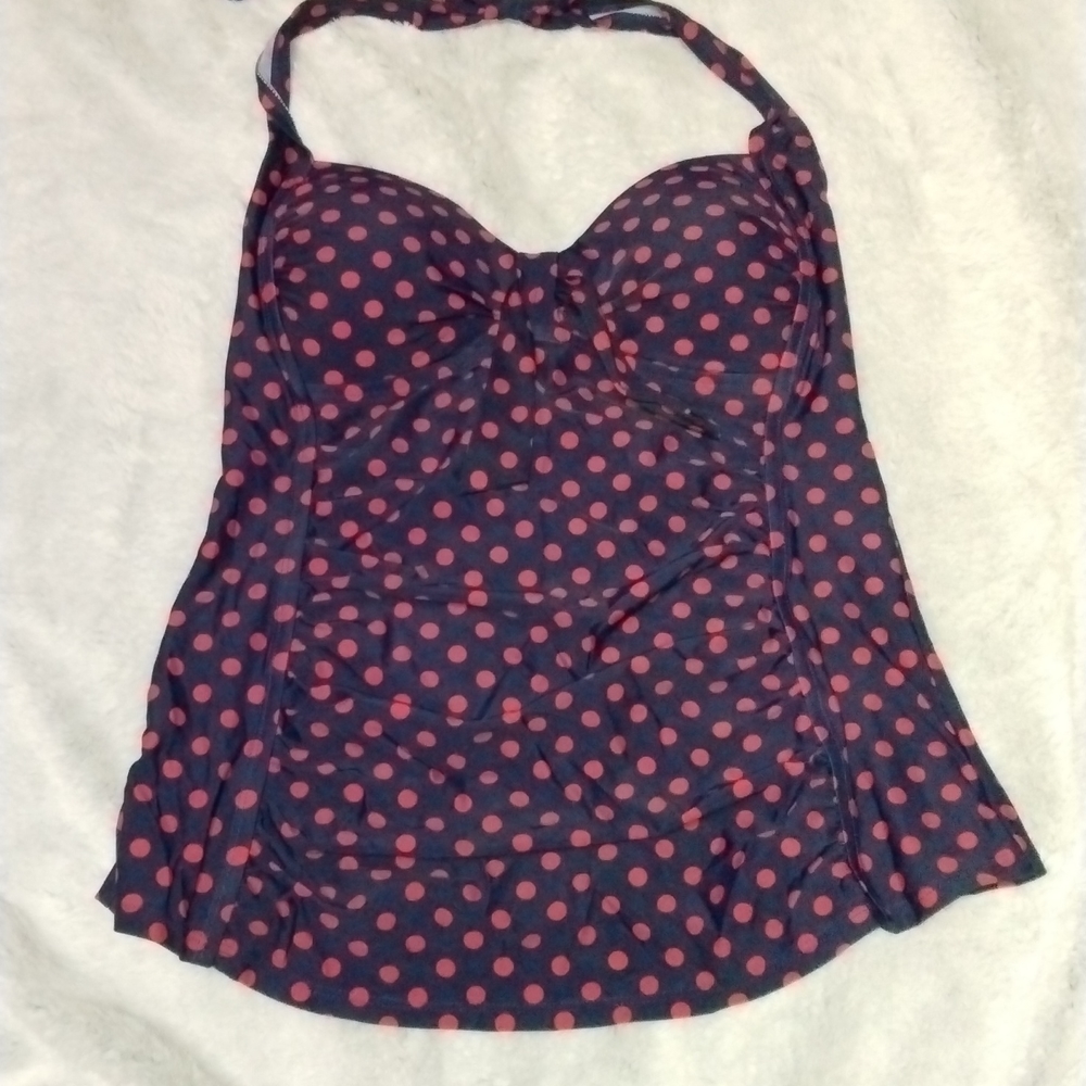 Navy and red polka dot tankini top